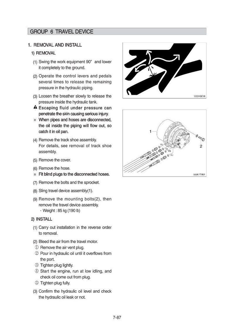 Op de afbeelding: Instructies en diagrammen voor het verwijderen en installeren van een reisapparaat. Bevat illustraties van handgebaren, een mechanisch onderdeel met bouten en tekst met details over het proces. Gewicht: 85 kg.