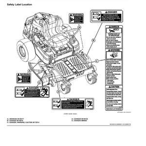 Peut inclure: Sch&eacute;ma d'une tondeuse autoport&eacute;e John Deere avec des &eacute;tiquettes de s&eacute;curit&eacute;. Les &eacute;tiquettes avertissent des dangers tels que les lames rotatives et les blessures potentielles. Le texte comprend des avertissements et des mises en garde.
