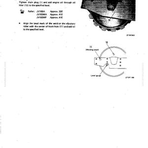 Op de afbeelding: Diagram uit een handleiding met het proces van het bijvullen van olie in een wals. De afbeelding bevat een diagram van de wals, de niveaumeter en de lasrups. Tekst geeft de stappen en de oliecapaciteit aan.