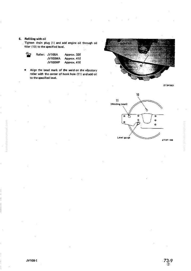 Op de afbeelding: Diagram uit een handleiding met het proces van het bijvullen van olie in een wals. De afbeelding bevat een diagram van de wals, de niveaumeter en de lasrups. Tekst geeft de stappen en de oliecapaciteit aan.
