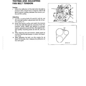 Może przedstawiać: Strona z instrukcji zatytułowana "Testing and Adjusting Fan Belt Tension". Strona zawiera instrukcje tekstowe, schematy element&oacute;w silnika oraz schemat układu paska i koła pasowego. Schematy są oznaczone numerami.