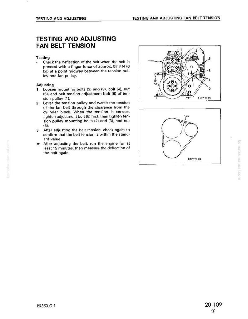 Może przedstawiać: Strona z instrukcji zatytułowana "Testing and Adjusting Fan Belt Tension". Strona zawiera instrukcje tekstowe, schematy element&oacute;w silnika oraz schemat układu paska i koła pasowego. Schematy są oznaczone numerami.