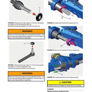 May include: An instructional diagram titled "DISASSEMBLY" from an axle service manual. The image shows detailed steps for disassembling mechanical components, including removing snap rings, capscrews, and flanges. Safety warnings are included.