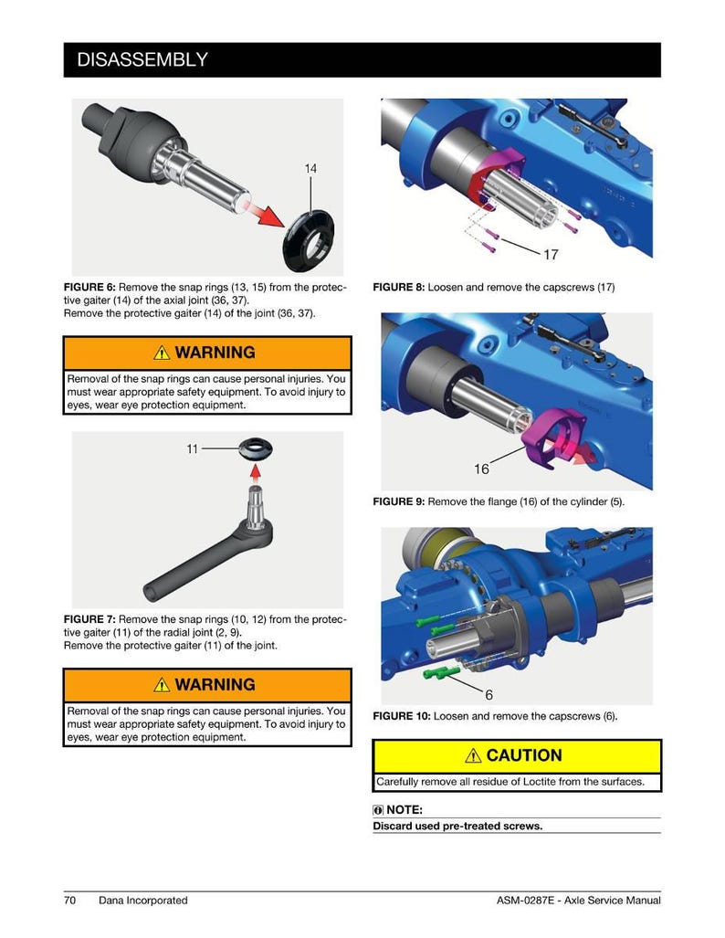 May include: An instructional diagram titled "DISASSEMBLY" from an axle service manual. The image shows detailed steps for disassembling mechanical components, including removing snap rings, capscrews, and flanges. Safety warnings are included.