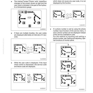 May include: A page from a manual detailing the structure, function, and maintenance standards of a machine. The page includes diagrams of a display screen showing user codes, service codes, and failure codes, along with explanations.