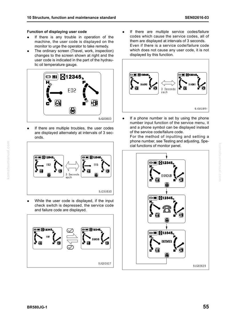 May include: A page from a manual detailing the structure, function, and maintenance standards of a machine. The page includes diagrams of a display screen showing user codes, service codes, and failure codes, along with explanations.