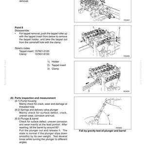 Puede incluir: Diagrama t&eacute;cnico de la bomba/regulador de inyecci&oacute;n de combustible, que muestra los pasos de desmontaje. Incluye vistas detalladas de componentes como el inserto del taqu&eacute;, la abrazadera y el &eacute;mbolo, con mediciones e instrucciones de inspecci&oacute;n.