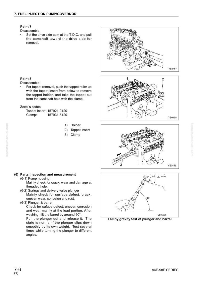 Puede incluir: Diagrama t&eacute;cnico de la bomba/regulador de inyecci&oacute;n de combustible, que muestra los pasos de desmontaje. Incluye vistas detalladas de componentes como el inserto del taqu&eacute;, la abrazadera y el &eacute;mbolo, con mediciones e instrucciones de inspecci&oacute;n.