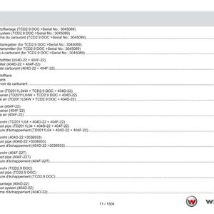 May include: A white document page with a table of contents in English, German, and French. The document lists various fuel and exhaust system components, including fuel filters, air cleaners, and exhaust pipes. The Weidemann logo is at the bottom.