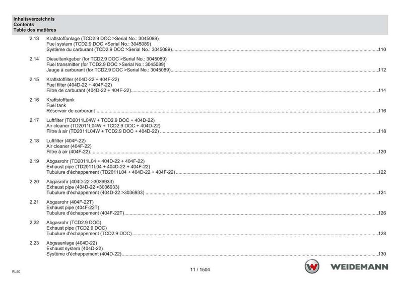 May include: A white document page with a table of contents in English, German, and French. The document lists various fuel and exhaust system components, including fuel filters, air cleaners, and exhaust pipes. The Weidemann logo is at the bottom.