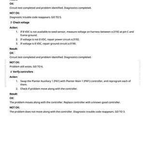 May include: A page from a manual with troubleshooting steps for a seed sensor. The text includes instructions for checking voltage, repairing circuits, and verifying controllers. The page is white with black text.