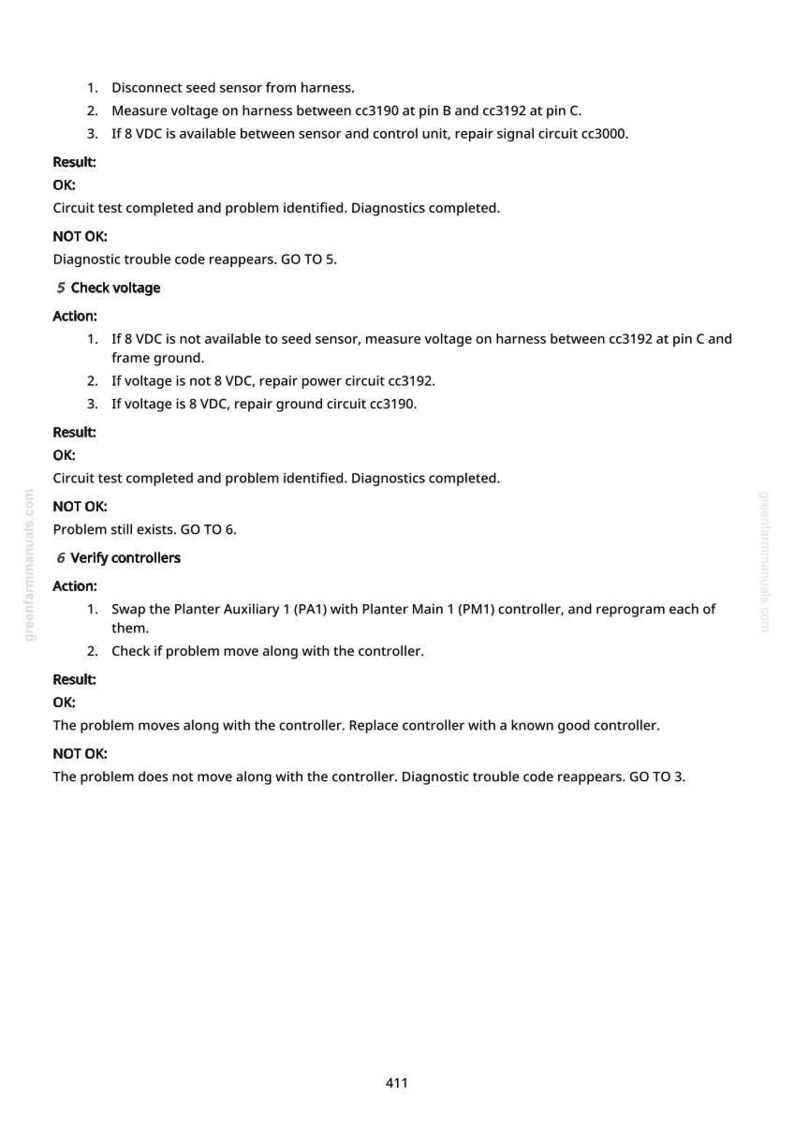 May include: A page from a manual with troubleshooting steps for a seed sensor. The text includes instructions for checking voltage, repairing circuits, and verifying controllers. The page is white with black text.
