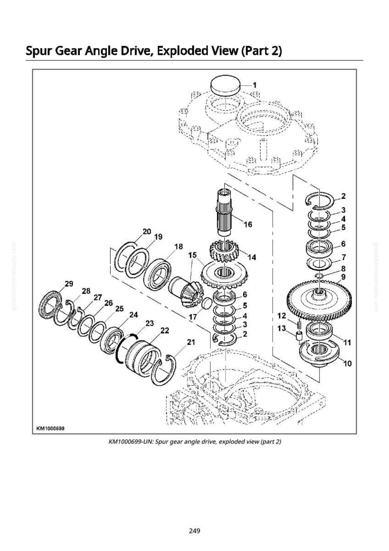 May include: An exploded view diagram of a spur gear angle drive, labeled as Part 2. The diagram shows various mechanical components, including gears, bearings, and housings, with numbered labels for each part. The image is a technical illustration.