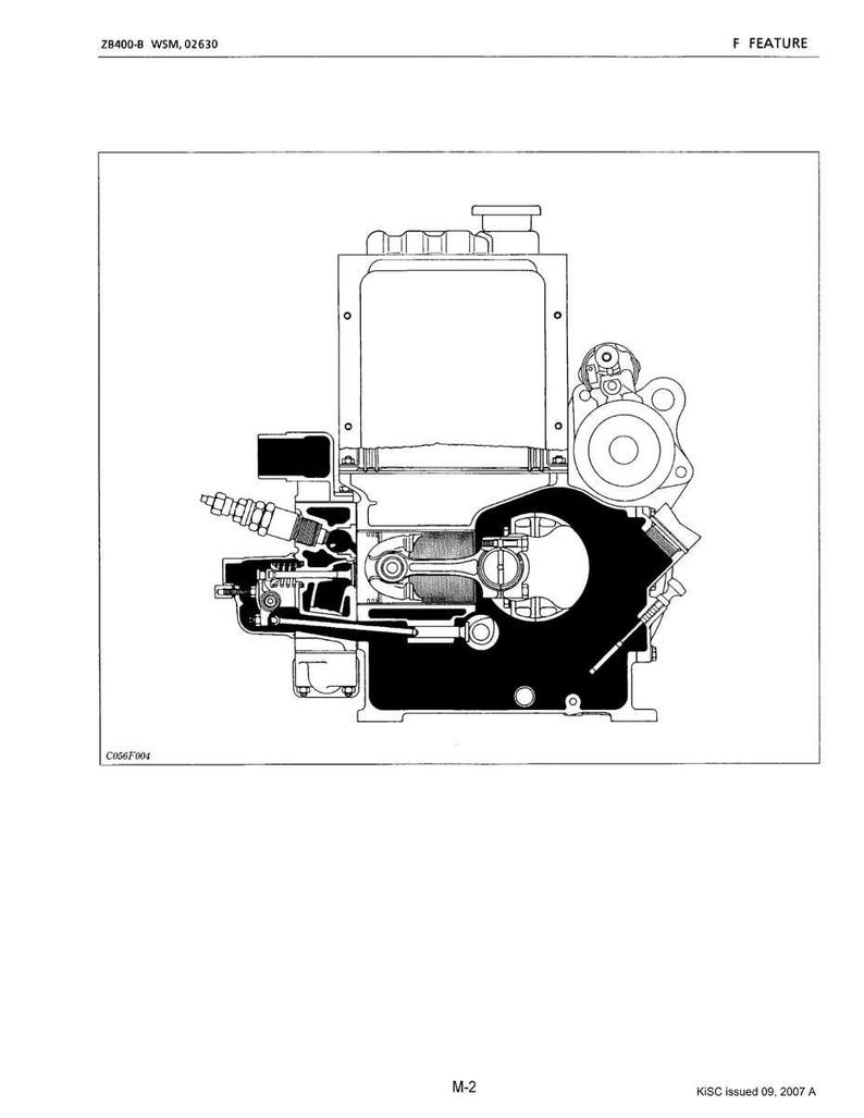 May include: Detailed technical illustration of an engine, showcasing internal components and cross-sections. The diagram is in black and white, with labels and annotations. The image includes the text "ZB400-8 WSM, 02630" and "F FEATURE".
