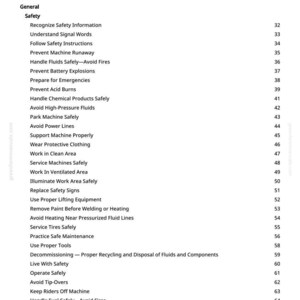 May include: A white page titled "Table of Contents" with a list of safety topics. The topics include recognizing safety information, preventing fires, and handling fluids safely. The page is from a manual.