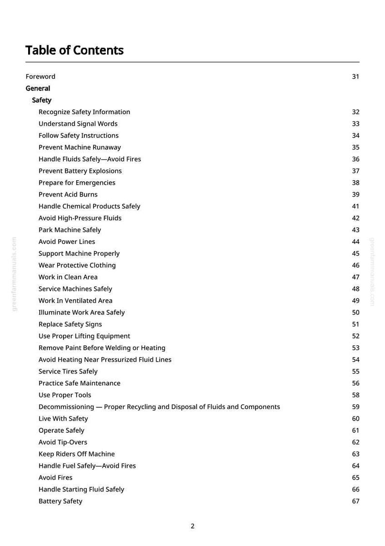 May include: A white page titled "Table of Contents" with a list of safety topics. The topics include recognizing safety information, preventing fires, and handling fluids safely. The page is from a manual.