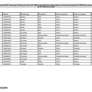 K&ouml;nnte beinhalten: Eine Teileliste f&uuml;r einen Teleskop-Hubarm ab 03-1999. Die Liste enth&auml;lt Teilenummern, Beschreibungen wie "Bolt" und "Washer" sowie Mengen. Das Weidemann-Logo befindet sich unten.