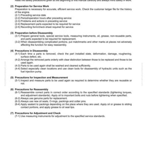 Puede incluir: P&aacute;gina de un manual titulada "Precauciones para el trabajo de servicio". El texto incluye secciones sobre seguridad, preparaci&oacute;n, desmontaje, inspecci&oacute;n, reensamblaje y ajuste. Fondo blanco con texto negro.