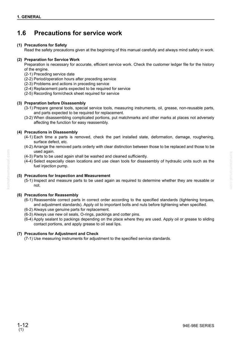 Puede incluir: P&aacute;gina de un manual titulada "Precauciones para el trabajo de servicio". El texto incluye secciones sobre seguridad, preparaci&oacute;n, desmontaje, inspecci&oacute;n, reensamblaje y ajuste. Fondo blanco con texto negro.