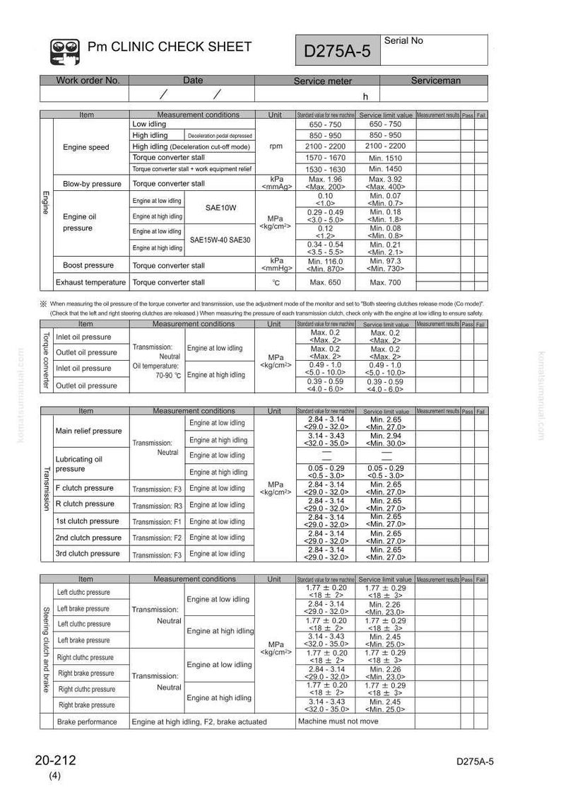 Pu&ograve; includere: Un foglio di controllo PM Clinic, D275A-5, con specifiche dettagliate del motore. Il documento include sezioni per la velocit&agrave; del motore, la pressione dell'olio e la pressione della frizione, con condizioni di misurazione e valori limite di servizio.