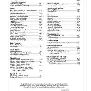K&ouml;nnte beinhalten: Eine Inhaltsseite eines Handbuchs mit Abschnitten wie Produktidentifikation, Sicherheit und Service. Das Handbuch enth&auml;lt Informationen zur Bedienung und Wartung einer John Deere Maschine. Ma&szlig;e in cm.