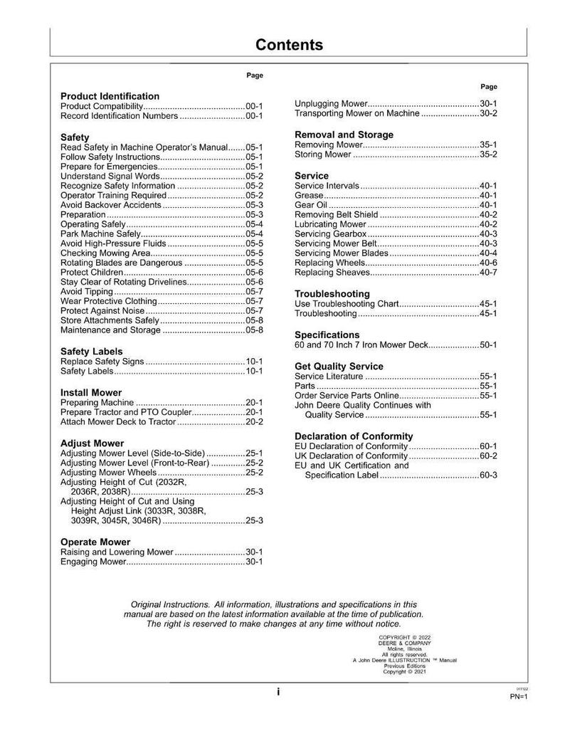 K&ouml;nnte beinhalten: Eine Inhaltsseite eines Handbuchs mit Abschnitten wie Produktidentifikation, Sicherheit und Service. Das Handbuch enth&auml;lt Informationen zur Bedienung und Wartung einer John Deere Maschine. Ma&szlig;e in cm.