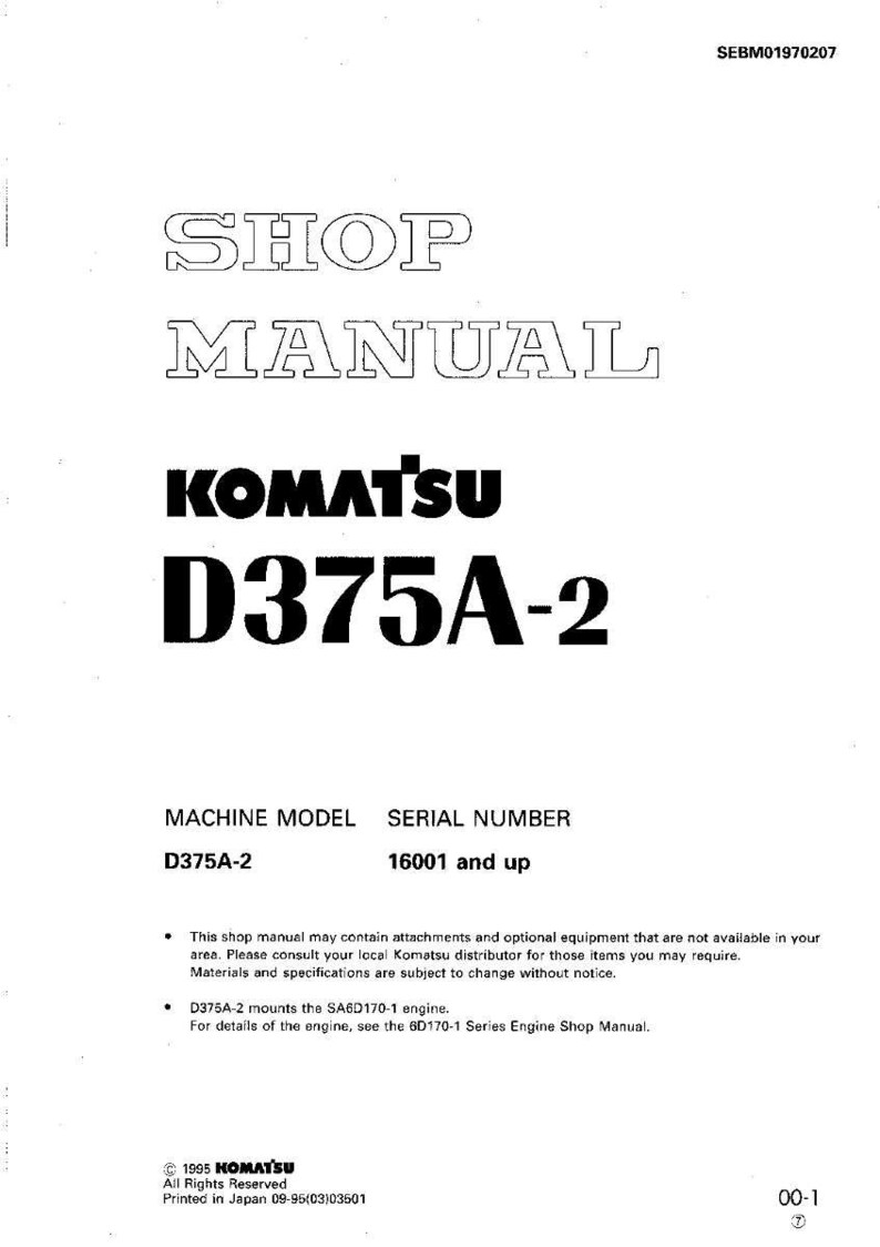 May include: A white shop manual with the text "SHOP MANUAL" in a bold, outlined font. The manual features the "KOMATSU" logo and "D375A-2" in large, bold letters. Includes machine model and serial number information.