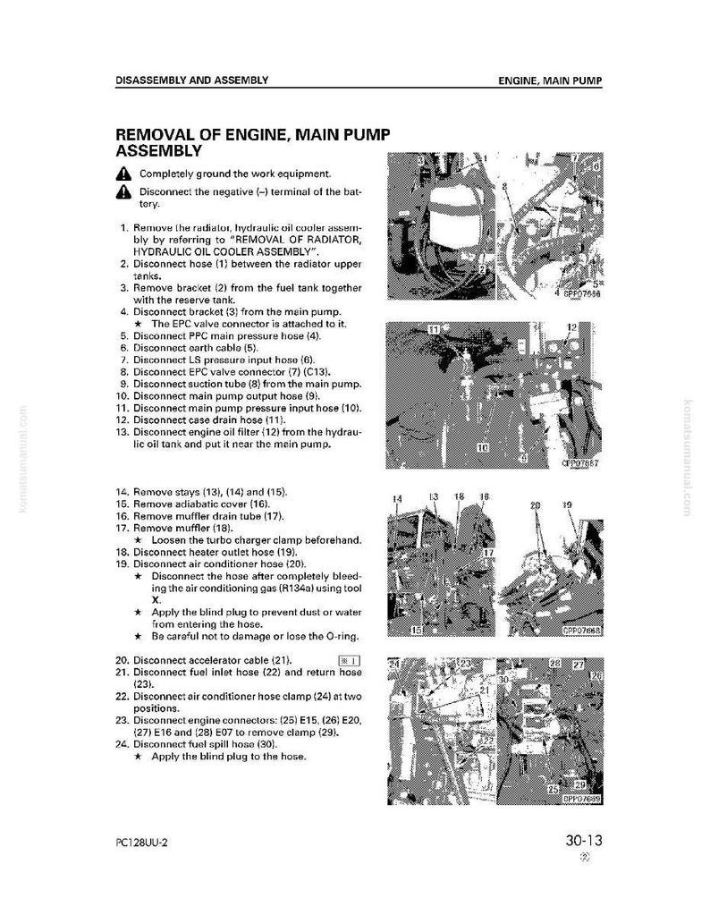 May include: Diagram of engine disassembly and assembly instructions. Text includes steps for removing the engine's main pump, with numbered instructions and accompanying diagrams. Includes warnings and component labels.