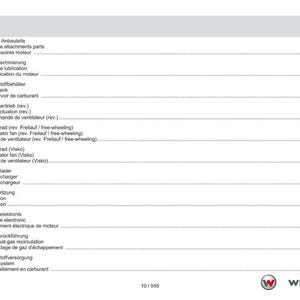May include: A page from a manual with a table of contents in German, English, and French. The table lists engine components, including fuel tank, fan, and turbocharger. The Weidemann logo is in the bottom right corner.