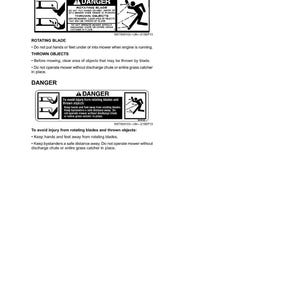Peut inclure: Une page d'&eacute;tiquettes de s&eacute;curit&eacute; avec le texte "Safety Labels Text". Les &eacute;tiquettes incluent le mot "DANGER" et des avertissements concernant les lames rotatives et les objets projet&eacute;s. Les &eacute;tiquettes fournissent &eacute;galement des instructions.