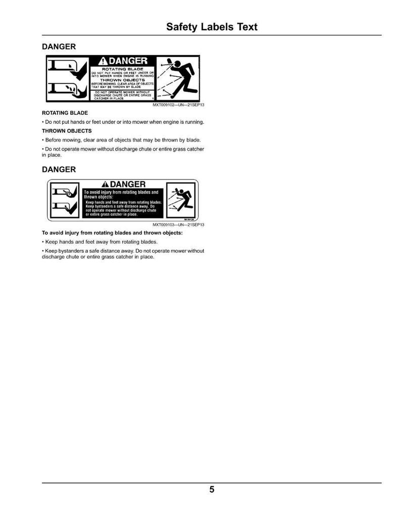 Peut inclure: Une page d'&eacute;tiquettes de s&eacute;curit&eacute; avec le texte "Safety Labels Text". Les &eacute;tiquettes incluent le mot "DANGER" et des avertissements concernant les lames rotatives et les objets projet&eacute;s. Les &eacute;tiquettes fournissent &eacute;galement des instructions.