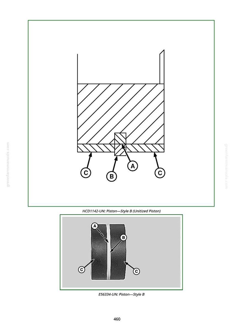 May include: Diagram of a piston, style B, with labeled parts A, B, and C. The top section is cross-hatched. Below is a smaller image of the piston with the same labels. Text includes "HCD1142-UN: Piston-Style B" and "E56334-UN: Piston-Style B".