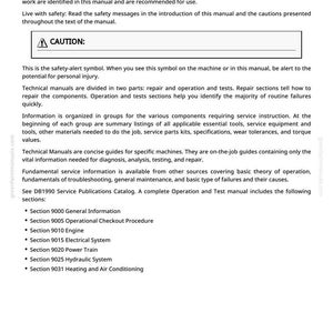 May include: A page from a technical manual titled "Foreword". The text includes safety warnings, a "CAUTION" symbol, and a list of manual sections. The page is white with black text.