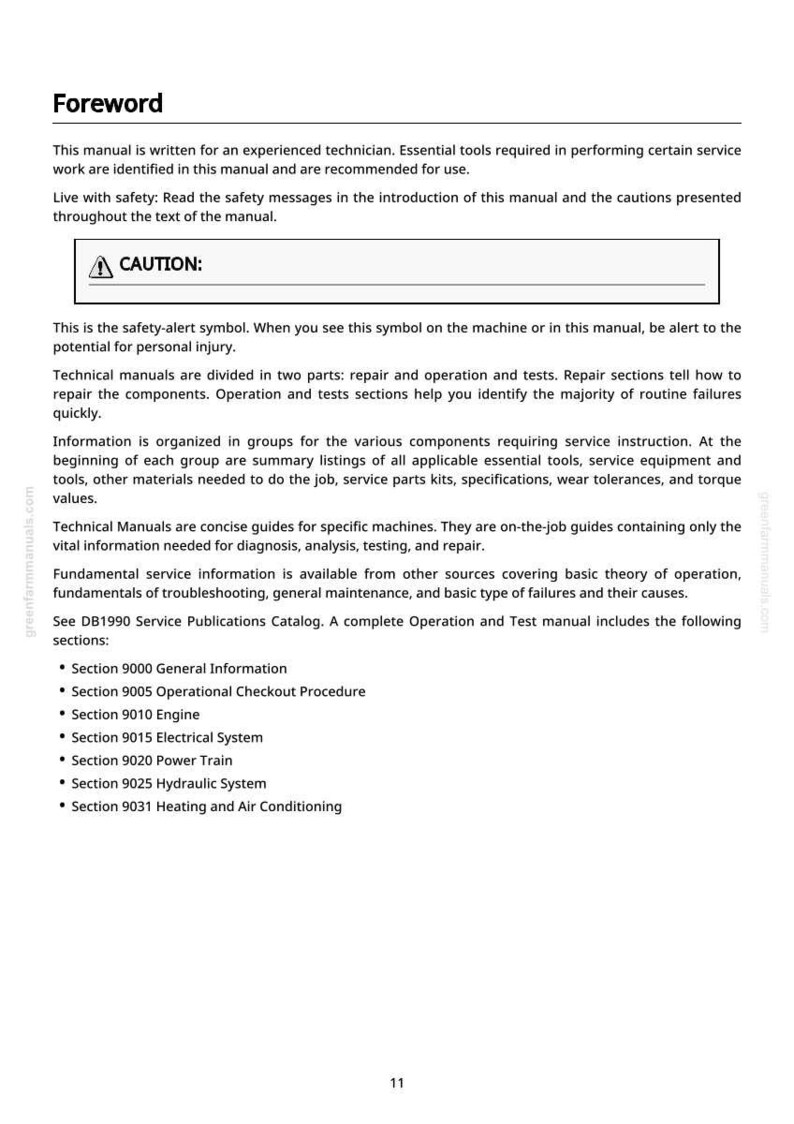 May include: A page from a technical manual titled "Foreword". The text includes safety warnings, a "CAUTION" symbol, and a list of manual sections. The page is white with black text.