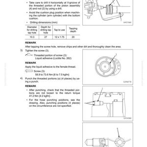 Puede incluir: Diagrama t&eacute;cnico que muestra el desmontaje y montaje de un cilindro de equipo de trabajo. Incluye dimensiones de perforaci&oacute;n en mm, instrucciones de apriete de tornillos y ubicaciones de punzonado. El diagrama presenta ilustraciones t&eacute;cnicas y texto.