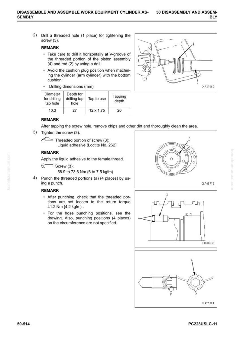 Puede incluir: Diagrama t&eacute;cnico que muestra el desmontaje y montaje de un cilindro de equipo de trabajo. Incluye dimensiones de perforaci&oacute;n en mm, instrucciones de apriete de tornillos y ubicaciones de punzonado. El diagrama presenta ilustraciones t&eacute;cnicas y texto.