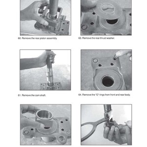 May include: A page from a workshop service manual, featuring black and white images illustrating hydraulic system disassembly. Text includes instructions for removing parts like the rear piston assembly, cam shaft, and O-rings. The manual is for the MF 268 Xtra (2WD/4WD) model.