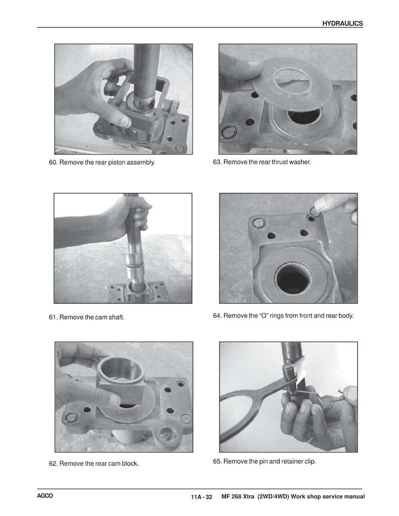May include: A page from a workshop service manual, featuring black and white images illustrating hydraulic system disassembly. Text includes instructions for removing parts like the rear piston assembly, cam shaft, and O-rings. The manual is for the MF 268 Xtra (2WD/4WD) model.