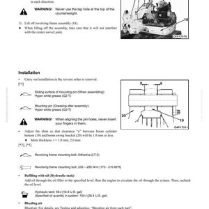 Puede incluir: Diagrama t&eacute;cnico de un manual que muestra el desmontaje y montaje del tren de rodaje y el bastidor de una m&aacute;quina. Incluye ilustraciones, advertencias y especificaciones para pernos, grasa y aceite. Las medidas est&aacute;n en unidades m&eacute;tricas.