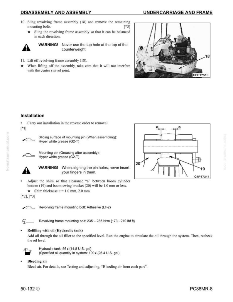 Puede incluir: Diagrama t&eacute;cnico de un manual que muestra el desmontaje y montaje del tren de rodaje y el bastidor de una m&aacute;quina. Incluye ilustraciones, advertencias y especificaciones para pernos, grasa y aceite. Las medidas est&aacute;n en unidades m&eacute;tricas.
