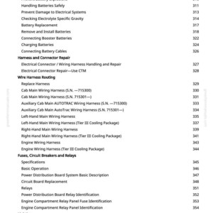 May include: A detailed table of contents from a manual, listing topics such as electrical systems, batteries, wiring harnesses, fuses, and lighting. Page numbers are aligned to the right. The text is in black on a white background.