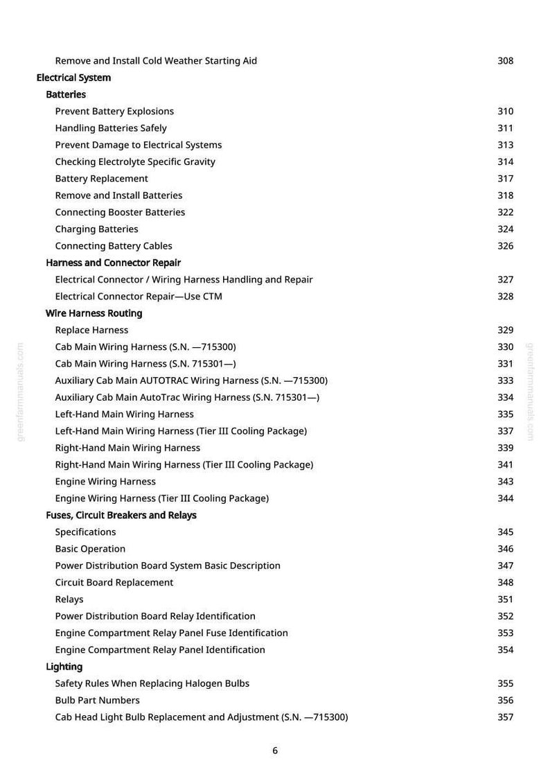 May include: A detailed table of contents from a manual, listing topics such as electrical systems, batteries, wiring harnesses, fuses, and lighting. Page numbers are aligned to the right. The text is in black on a white background.