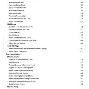 May include: A page from a manual with a list of automotive repair procedures, including "Remove and Install Lube Pump" and "Steering Column." The page numbers are listed on the right side.