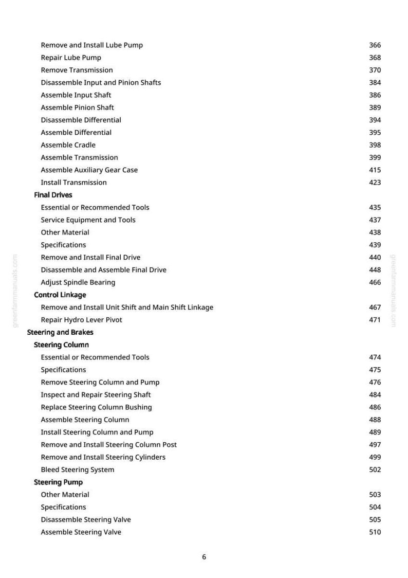 May include: A page from a manual with a list of automotive repair procedures, including "Remove and Install Lube Pump" and "Steering Column." The page numbers are listed on the right side.