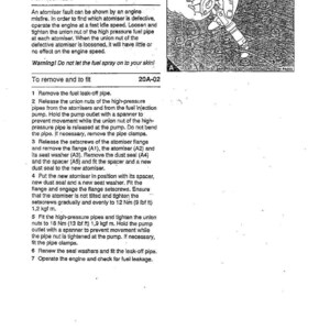 May include: Page from a manual detailing atomiser maintenance within the "FUEL SYSTEM 20A". The image includes a diagram of a hand using a tool on a fuel system component. Text provides instructions and warnings.
