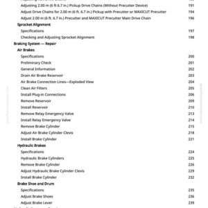 Puede incluir: Una p&aacute;gina de un manual de greenfarmmanuals.com, que detalla los procedimientos de reparaci&oacute;n mec&aacute;nica. El texto incluye instrucciones para frenos de aire, frenos hidr&aacute;ulicos y ajustes de tensi&oacute;n de cadena, con los n&uacute;meros de p&aacute;gina correspondientes.