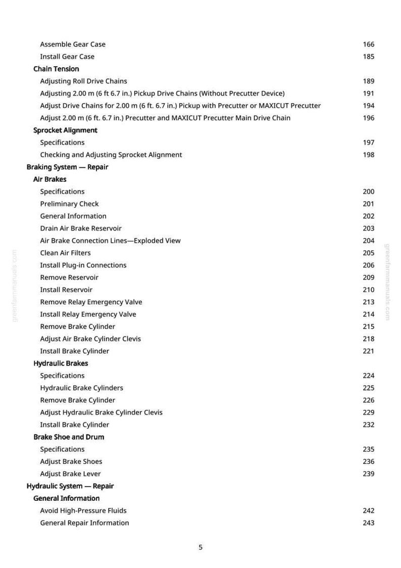 Puede incluir: Una p&aacute;gina de un manual de greenfarmmanuals.com, que detalla los procedimientos de reparaci&oacute;n mec&aacute;nica. El texto incluye instrucciones para frenos de aire, frenos hidr&aacute;ulicos y ajustes de tensi&oacute;n de cadena, con los n&uacute;meros de p&aacute;gina correspondientes.