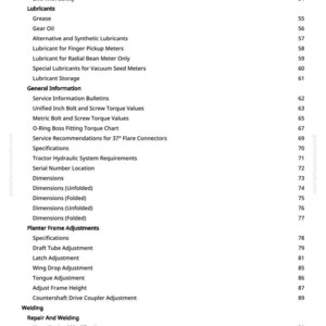 Puede incluir: Una p&aacute;gina de manual con fondo blanco, con una lista de temas y n&uacute;meros de p&aacute;gina. Los temas incluyen lubricantes, informaci&oacute;n general y ajustes del bastidor de la sembradora. El texto es negro.