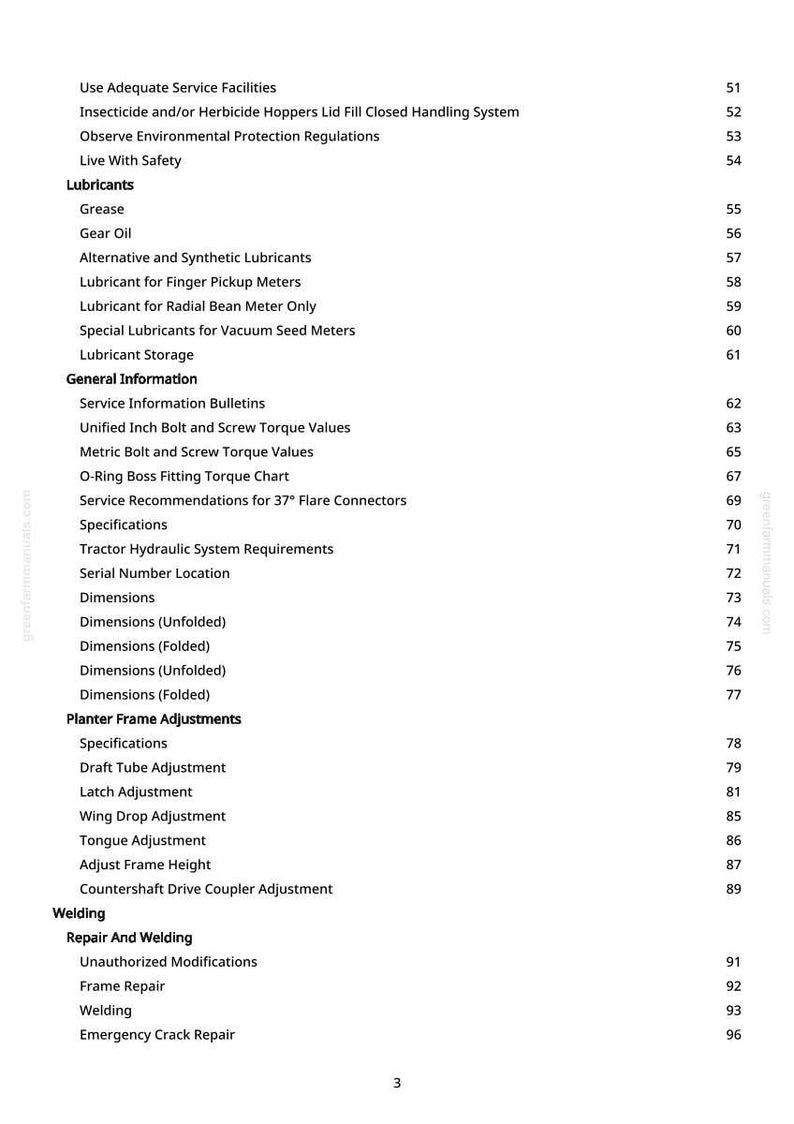 Puede incluir: Una p&aacute;gina de manual con fondo blanco, con una lista de temas y n&uacute;meros de p&aacute;gina. Los temas incluyen lubricantes, informaci&oacute;n general y ajustes del bastidor de la sembradora. El texto es negro.