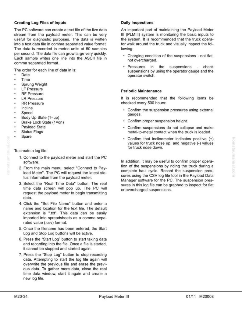 May include: A technical document with instructions for creating log files and performing daily and periodic inspections for a payload meter system. The document includes a list of data inputs, steps for creating a log file, and maintenance checks.
